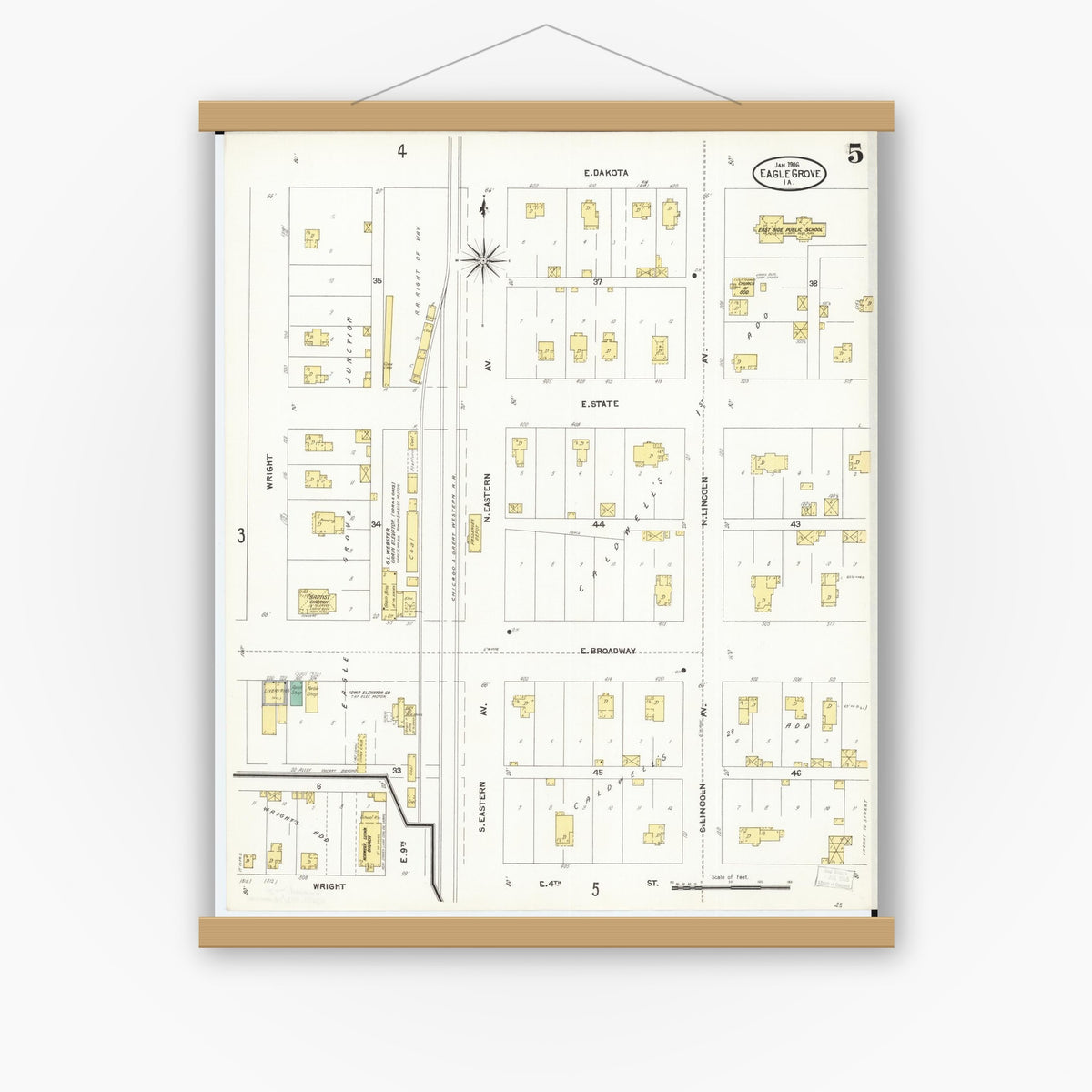 Old map wall art mockup — magnetic wood frame on white wall — Sanborn Fire Insurance Map from Eagle Grove, Wright County, Iowa (1906), Sheet #0005
