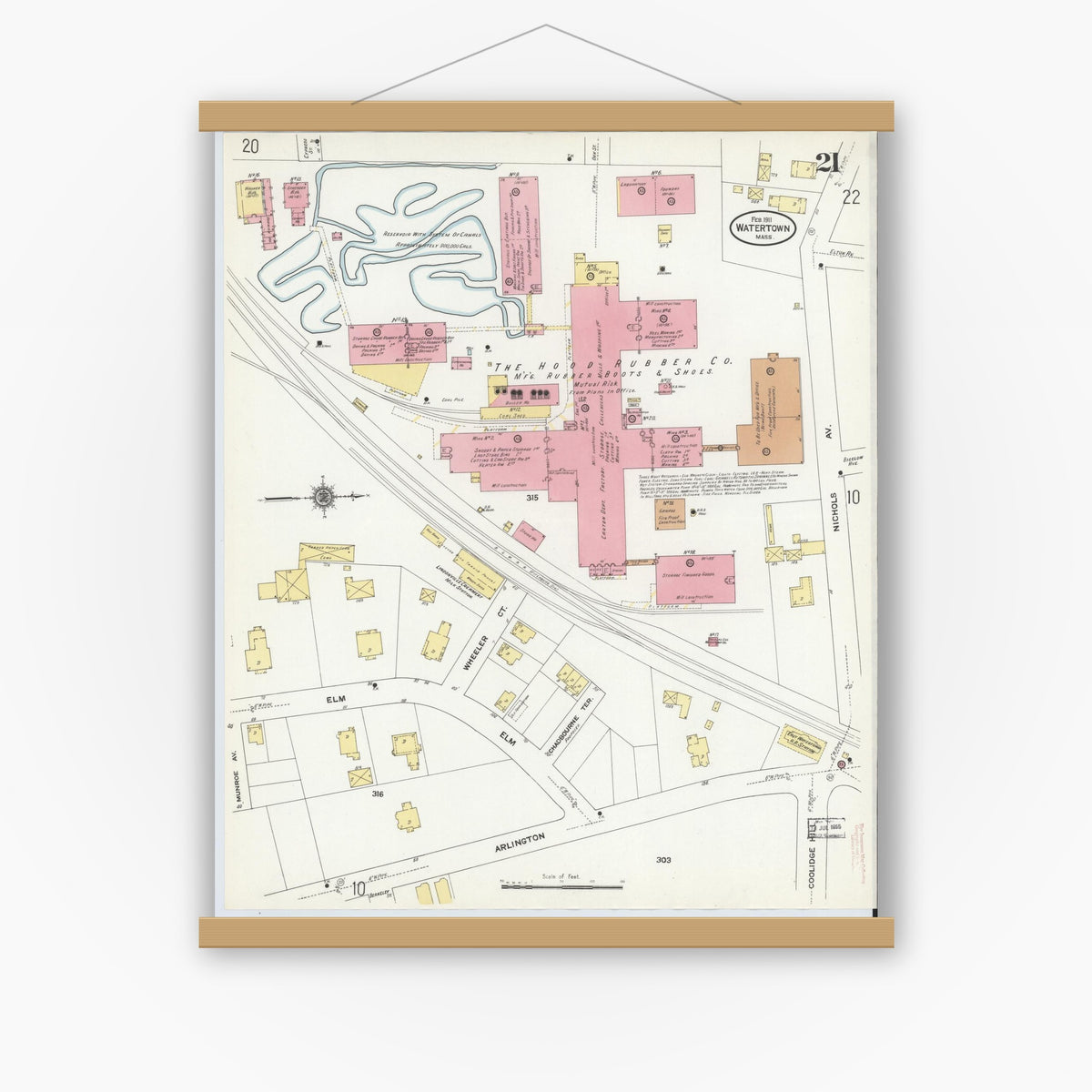 Old map wall art mockup — magnetic wood frame on white wall — Sanborn Fire Insurance Map from Watertown, Middlesex County, Massachusetts (1911), Sheet #0021
