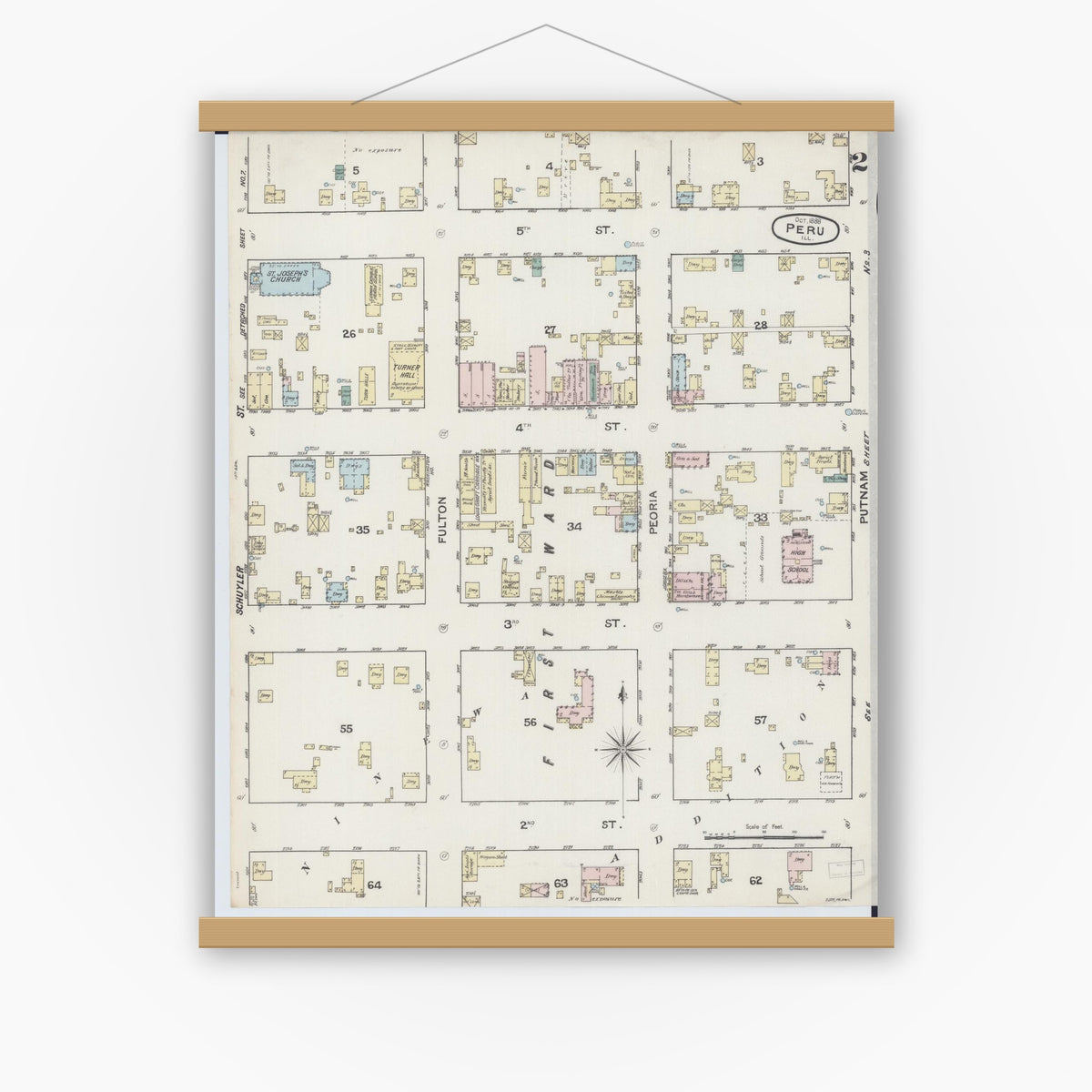 Old map wall art mockup — magnetic wood frame on white wall — Sanborn Fire Insurance Map from Peru, La Salle County, Illinois (1888), Sheet #0002
