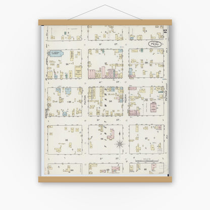 Old map wall art mockup — magnetic wood frame on white wall — Sanborn Fire Insurance Map from Peru, La Salle County, Illinois (1888), Sheet #0002