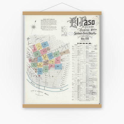 Old map wall art mockup — magnetic wood frame on white wall — Sanborn Fire Insurance Map from El Paso, El Paso County, Texas (1898) - Complete Map Set