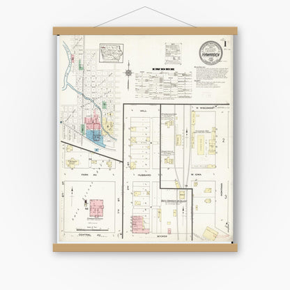 Old map wall art mockup — magnetic wood frame on white wall — Sanborn Fire Insurance Map from Hawarden, Sioux County, Iowa (1914) â€” Complete Set