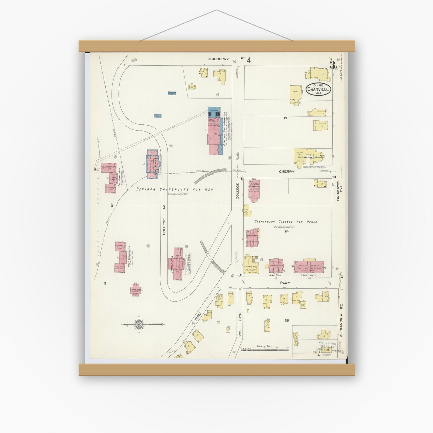 Old map wall art mockup — magnetic wood frame on white wall — Sanborn Fire Insurance Map from Granville, Licking County, Ohio (1913), Sheet #0003