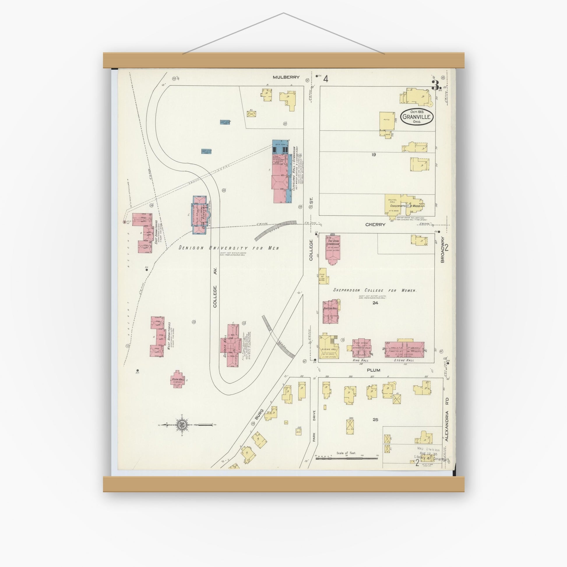 Old map wall art mockup — magnetic wood frame on white wall — Sanborn Fire Insurance Map from Granville, Licking County, Ohio (1913), Sheet #0003
