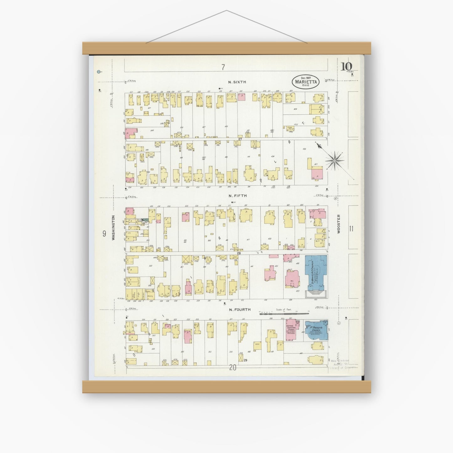 Old map wall art mockup — magnetic wood frame on white wall — Sanborn Fire Insurance Map from Marietta, Washington County, Ohio (1907), Sheet #0010