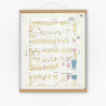 Old map wall art mockup — magnetic wood frame on white wall — Sanborn Fire Insurance Map from Marietta, Washington County, Ohio (1907), Sheet #0010