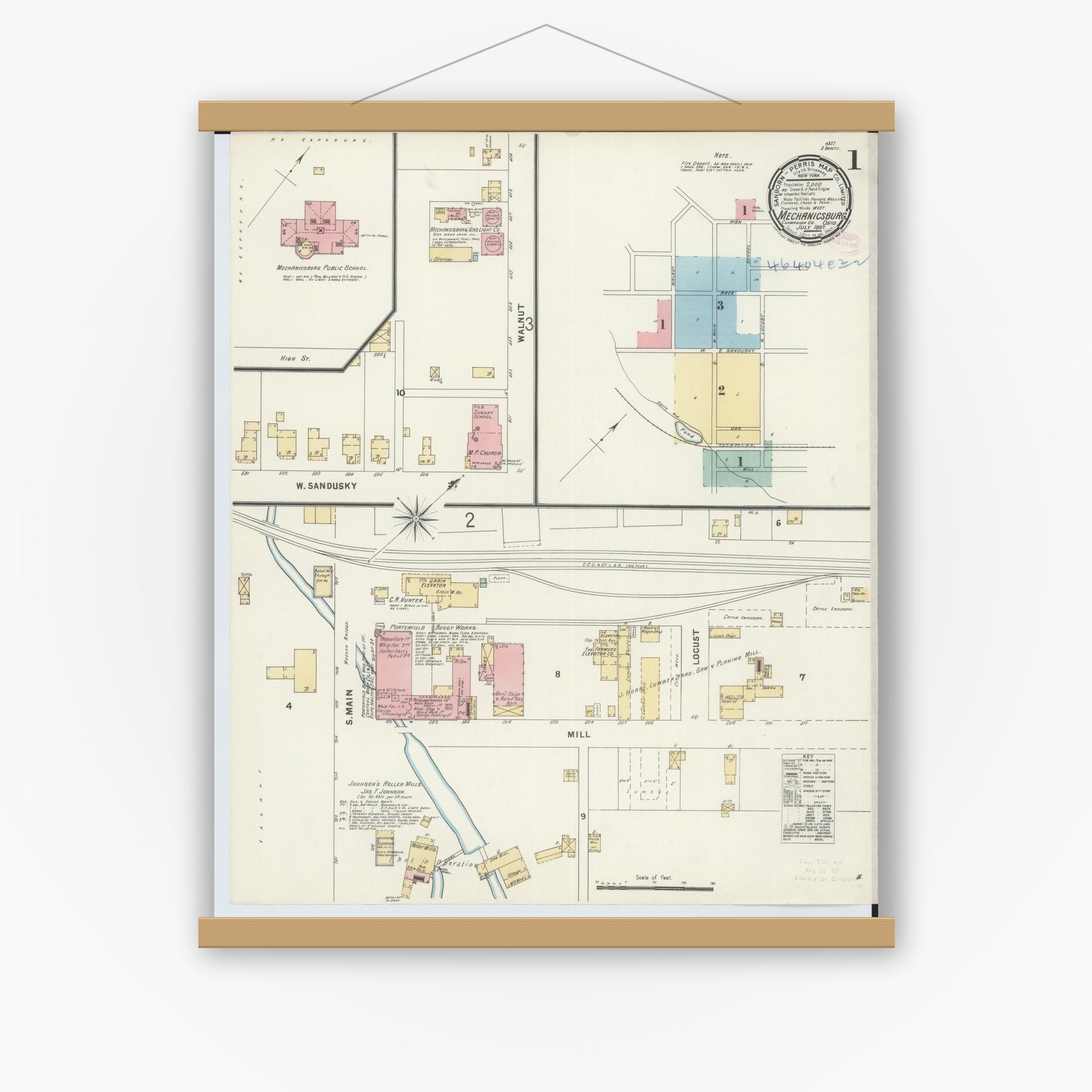 Old map wall art mockup — magnetic wood frame on white wall — Sanborn Fire Insurance Map from Mechanicsburg, Champaign County, Ohio (1897) - Complete Map Set