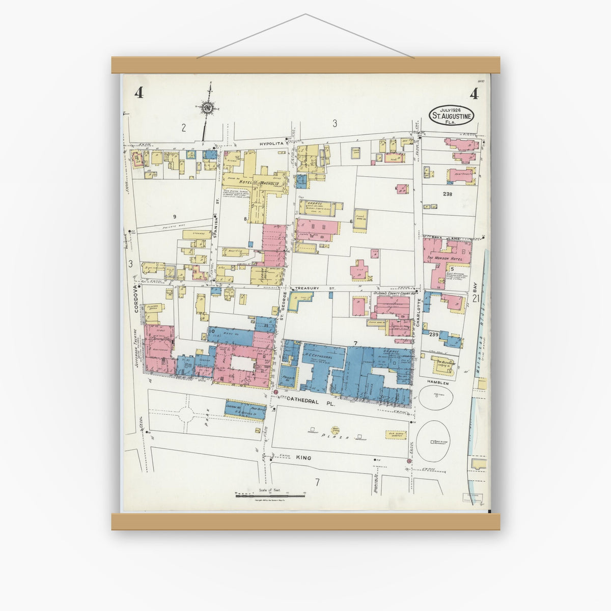 Old map wall art mockup — magnetic wood frame on white wall — Sanborn Fire Insurance Map from Saint Augustine, Saint John's County, Florida (1924), Sheet #0004