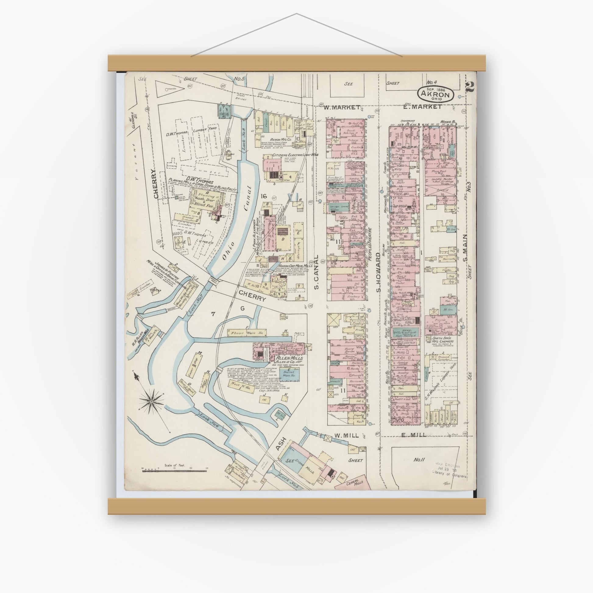 Old map wall art mockup — magnetic wood frame on white wall — Sanborn Fire Insurance Map from Akron, Summit County, Ohio (1886), Sheet #0002