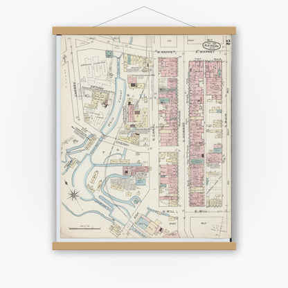 Old map wall art mockup — magnetic wood frame on white wall — Sanborn Fire Insurance Map from Akron, Summit County, Ohio (1886), Sheet #0002