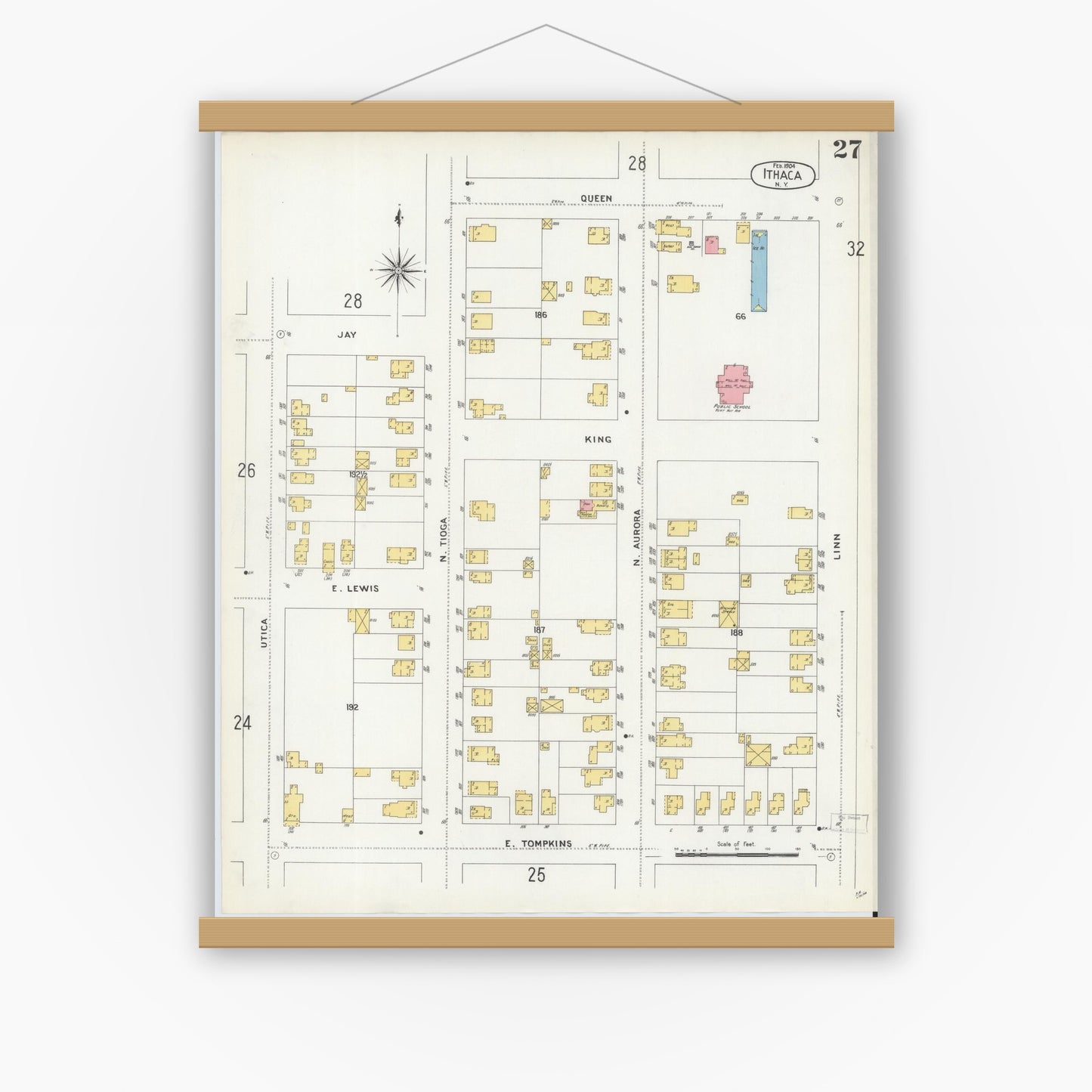Old map wall art mockup — magnetic wood frame on white wall — Sanborn Fire Insurance Map from Ithaca, Tompkins County, New York (1904), Sheet #0027