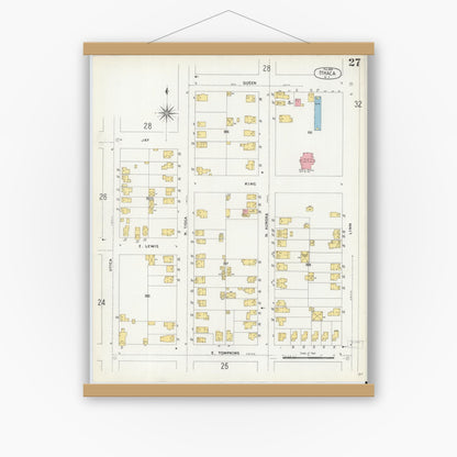 Old map wall art mockup — magnetic wood frame on white wall — Sanborn Fire Insurance Map from Ithaca, Tompkins County, New York (1904), Sheet #0027