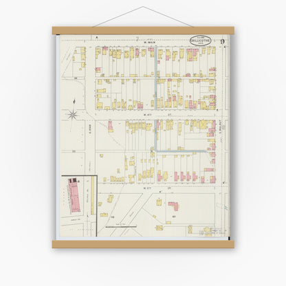 Old map wall art mockup — magnetic wood frame on white wall — Sanborn Fire Insurance Map from Chillicothe, Ross County, Ohio (1895), Sheet #0009