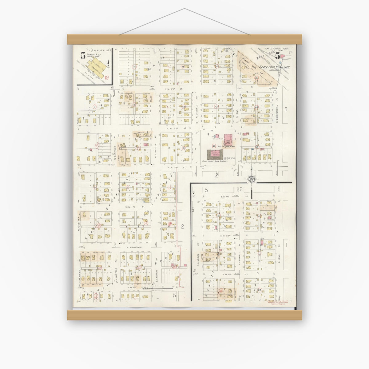 Old map wall art mockup — magnetic wood frame on white wall — Sanborn Fire Insurance Map from Eagle Grove, Wright County, Iowa (1941), Sheet #0005