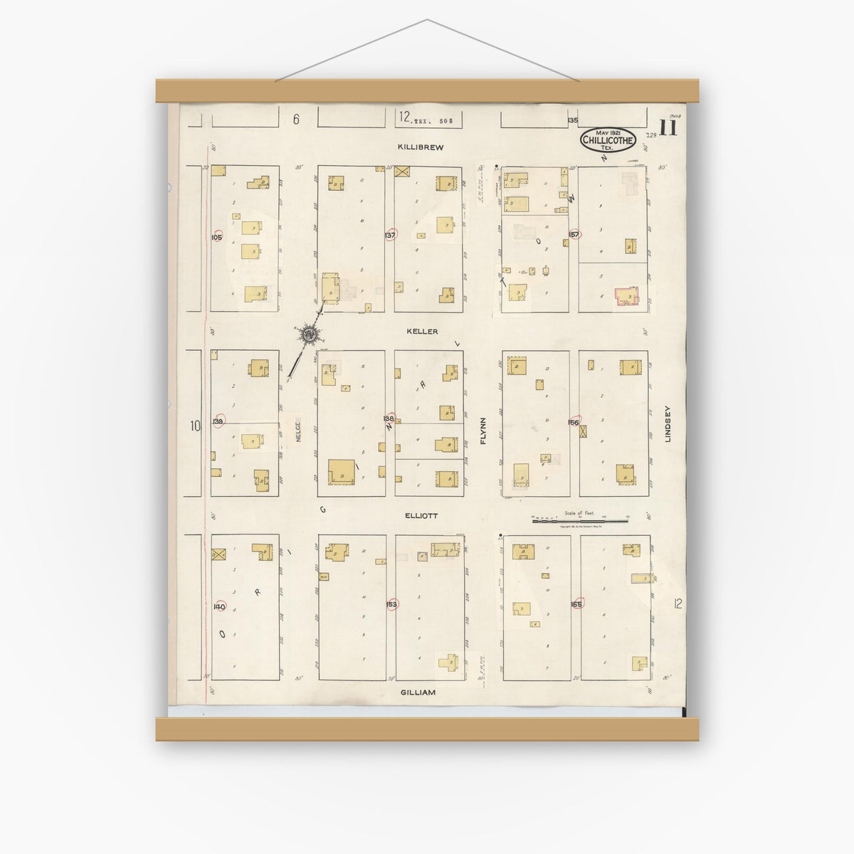 Old map wall art mockup — magnetic wood frame on white wall — Sanborn Fire Insurance Map from Chillicothe, Hardeman County, Texas (1941), Sheet #0011