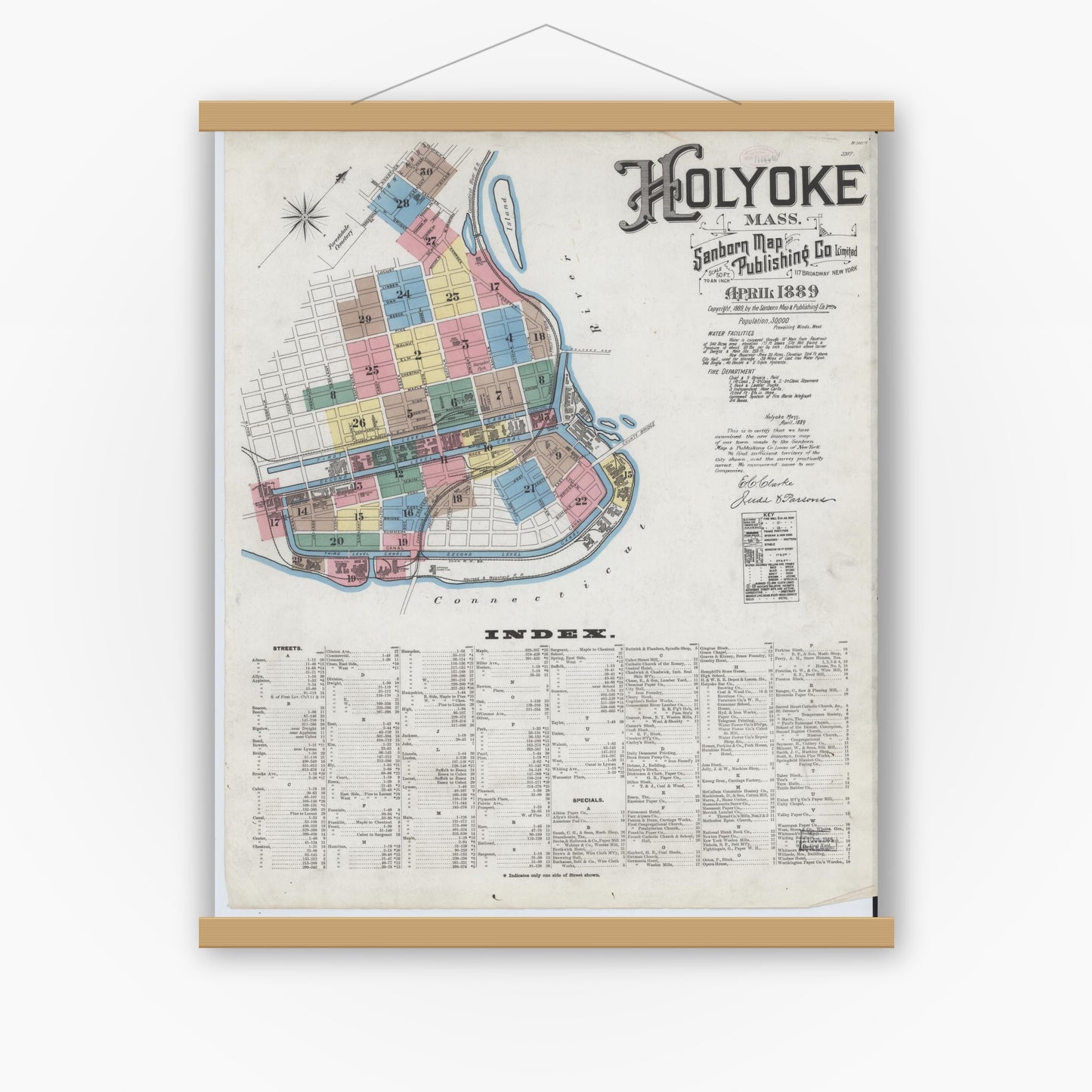 Old map wall art mockup — magnetic wood frame on white wall — Sanborn Fire Insurance Map from Holyoke, Hampden County, Massachusetts (1889), Sheet #0001