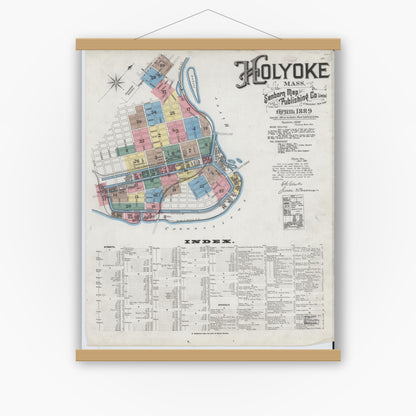 Old map wall art mockup — magnetic wood frame on white wall — Sanborn Fire Insurance Map from Holyoke, Hampden County, Massachusetts (1889), Sheet #0001