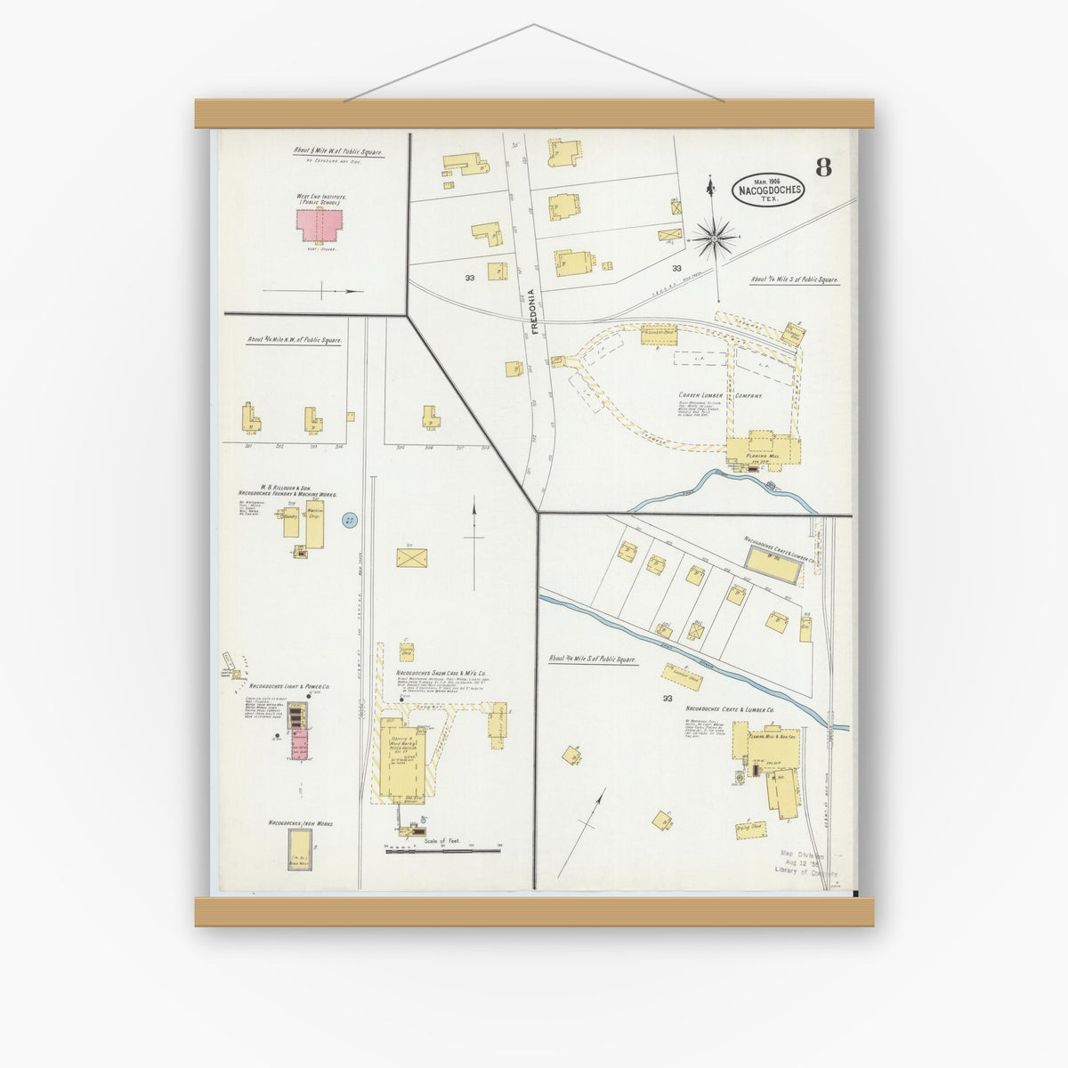 Old map wall art mockup — magnetic wood frame on white wall — Sanborn Fire Insurance Map from Nacogdoches, Nacogdoches County, Texas (1906), Sheet #0008