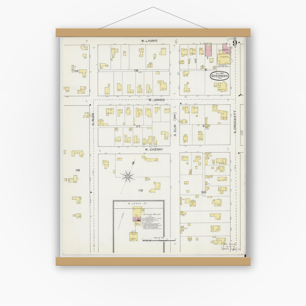Old map wall art mockup — magnetic wood frame on white wall — Sanborn Fire Insurance Map from Sherman, Grayson County, Texas (1892), Sheet #0009