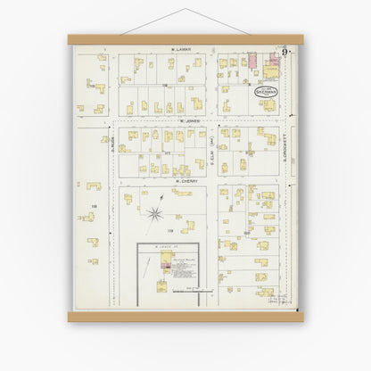 Old map wall art mockup — magnetic wood frame on white wall — Sanborn Fire Insurance Map from Sherman, Grayson County, Texas (1892), Sheet #0009