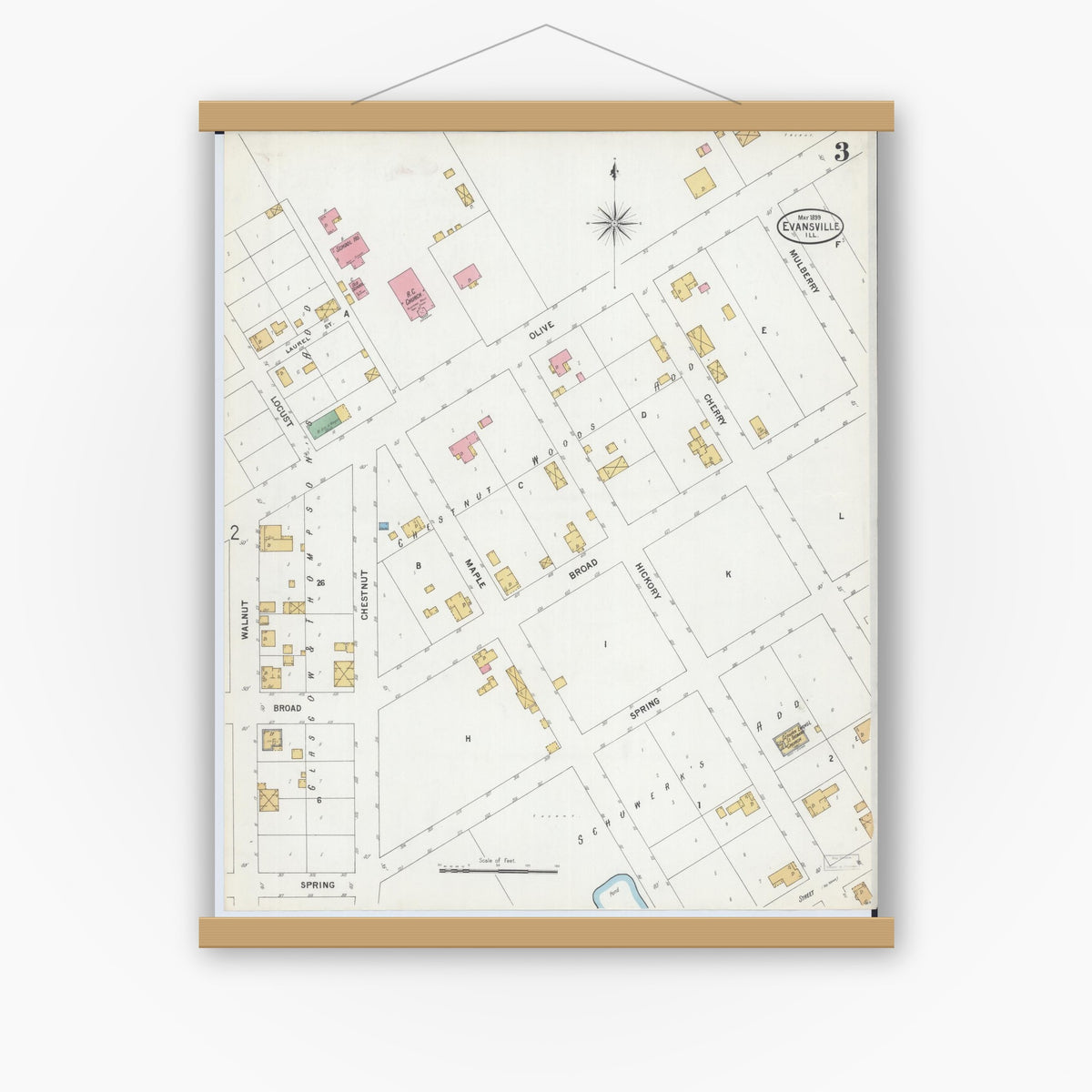 Old map wall art mockup — magnetic wood frame on white wall — Sanborn Fire Insurance Map from Evansville, Randolph County, Illinois (1899), Sheet #0003