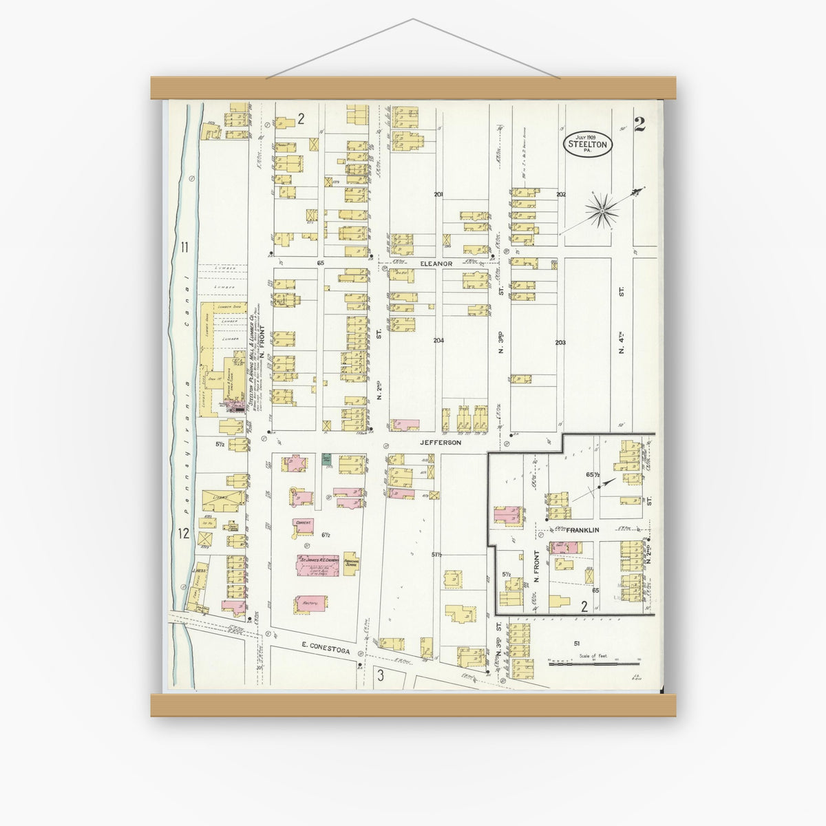 Old map wall art mockup — magnetic wood frame on white wall — Sanborn Fire Insurance Map from Steelton, Dauphin County, Pennsylvania (1909), Sheet #0002