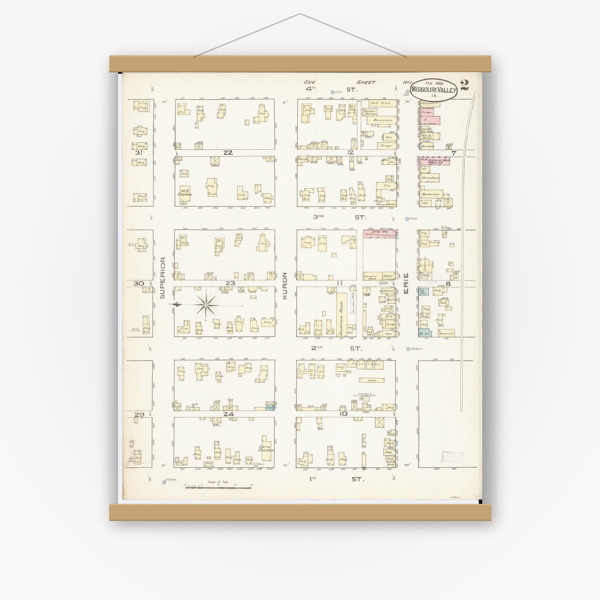 Old map wall art mockup — magnetic wood frame on white wall — Sanborn Fire Insurance Map from Missouri Valley, Harrison County, Iowa (1886), Sheet #0002