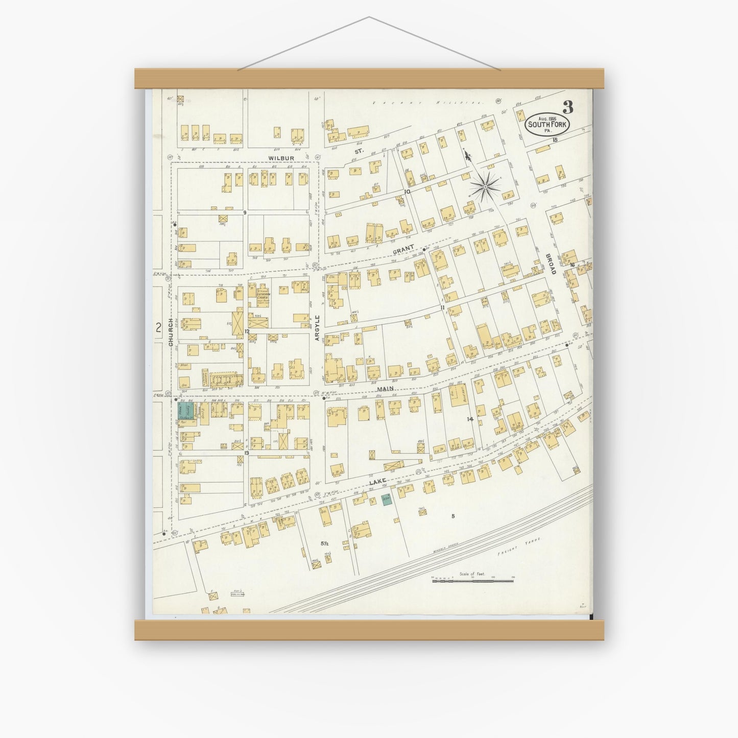 Old map wall art mockup — magnetic wood frame on white wall — Sanborn Fire Insurance Map from South Fork, Cambria County, Pennsylvania (1905), Sheet #0003