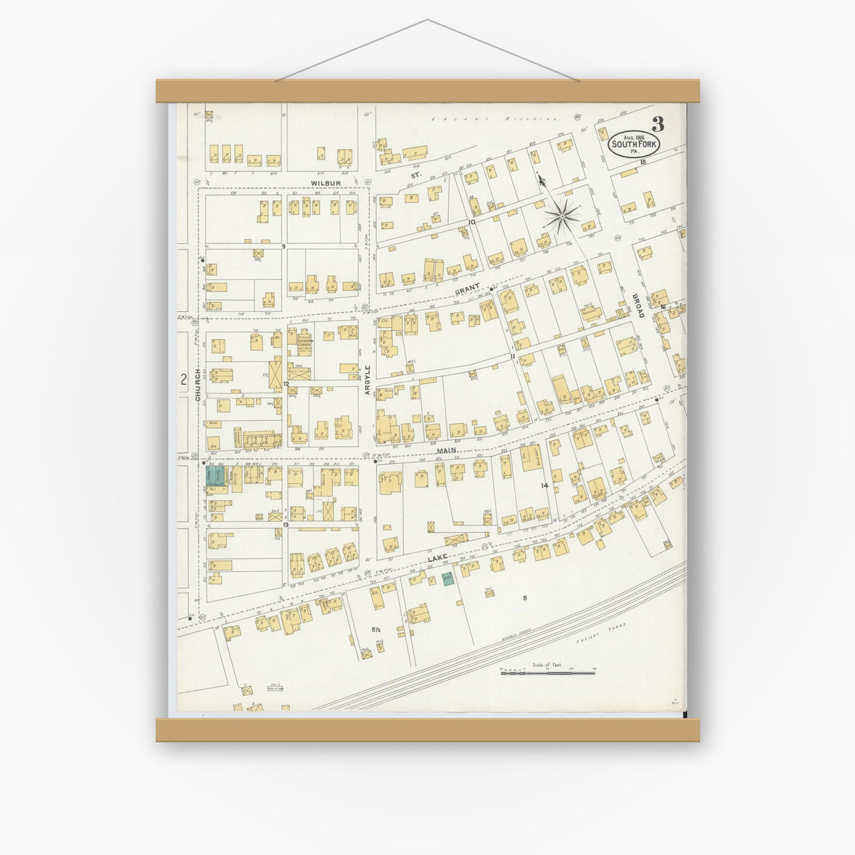 Old map wall art mockup — magnetic wood frame on white wall — Sanborn Fire Insurance Map from South Fork, Cambria County, Pennsylvania (1905), Sheet #0003