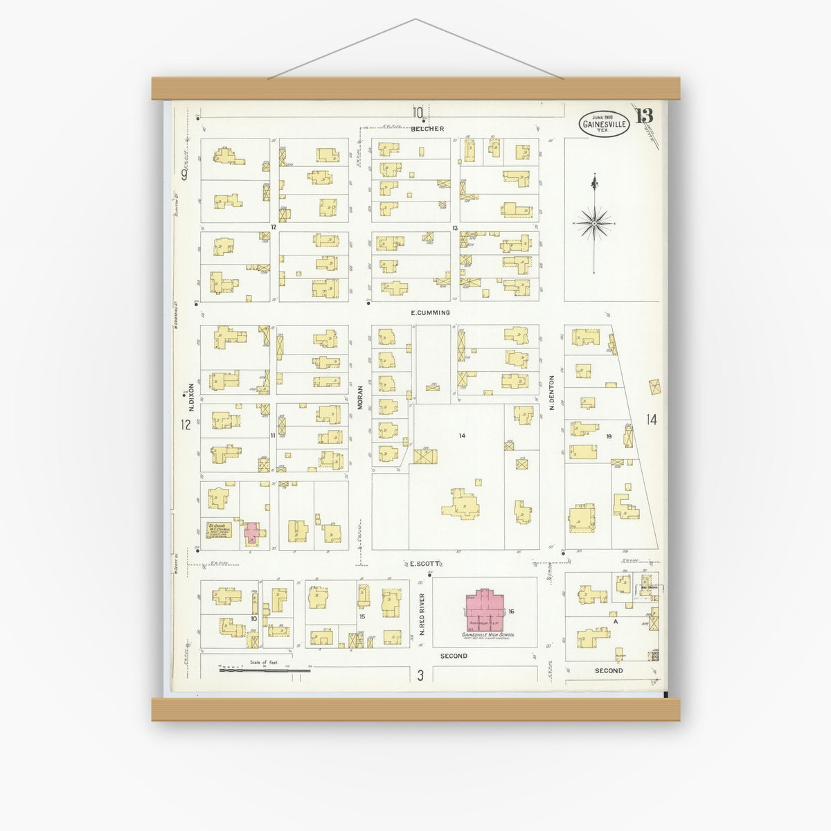 Old map wall art mockup — magnetic wood frame on white wall — Sanborn Fire Insurance Map from Gainesville, Cooke County, Texas (1908), Sheet #0013