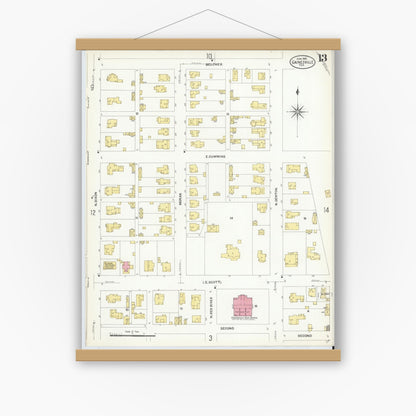 Old map wall art mockup — magnetic wood frame on white wall — Sanborn Fire Insurance Map from Gainesville, Cooke County, Texas (1908), Sheet #0013