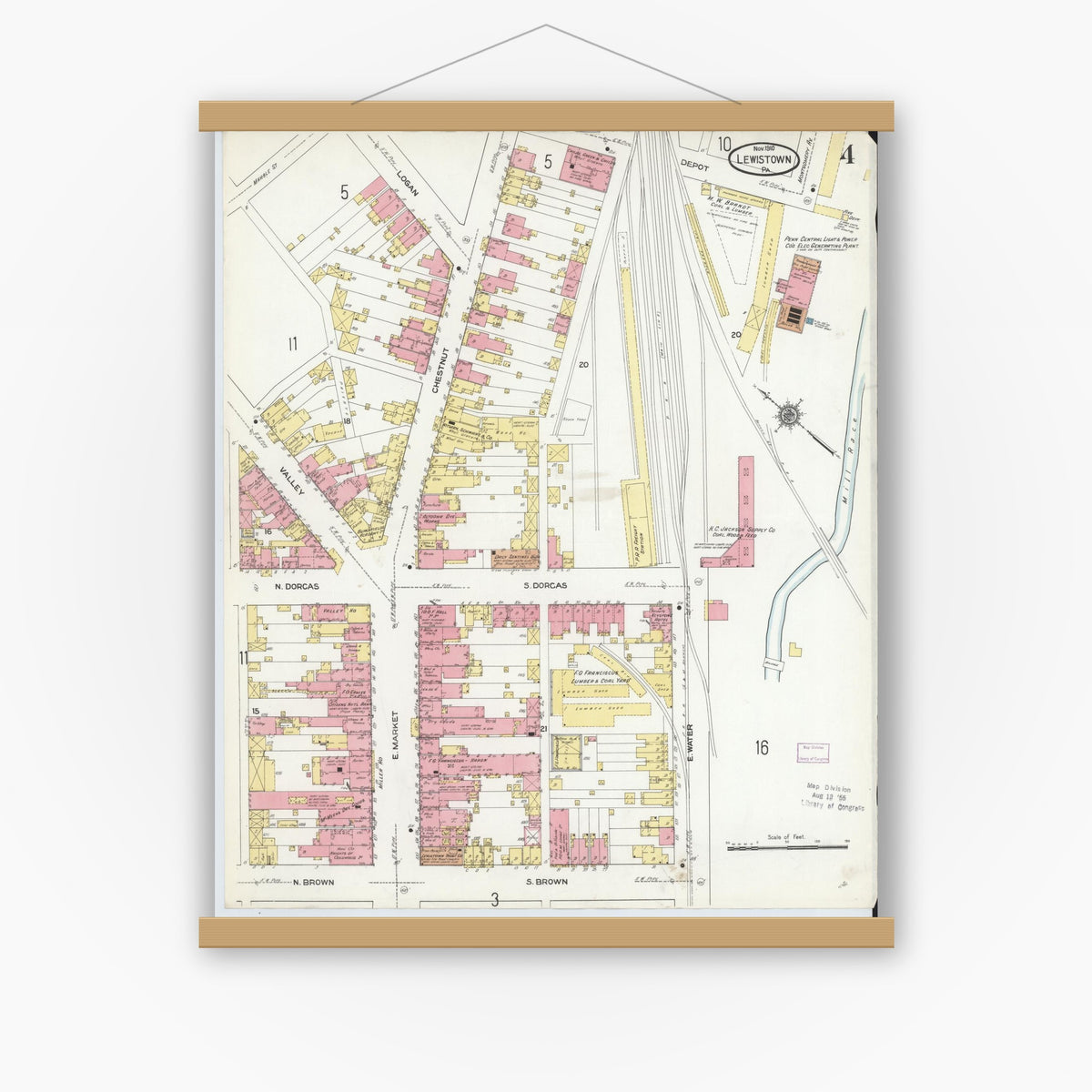Old map wall art mockup — magnetic wood frame on white wall — Sanborn Fire Insurance Map from Lewistown, Mifflin County, Pennsylvania (1910), Sheet #0004