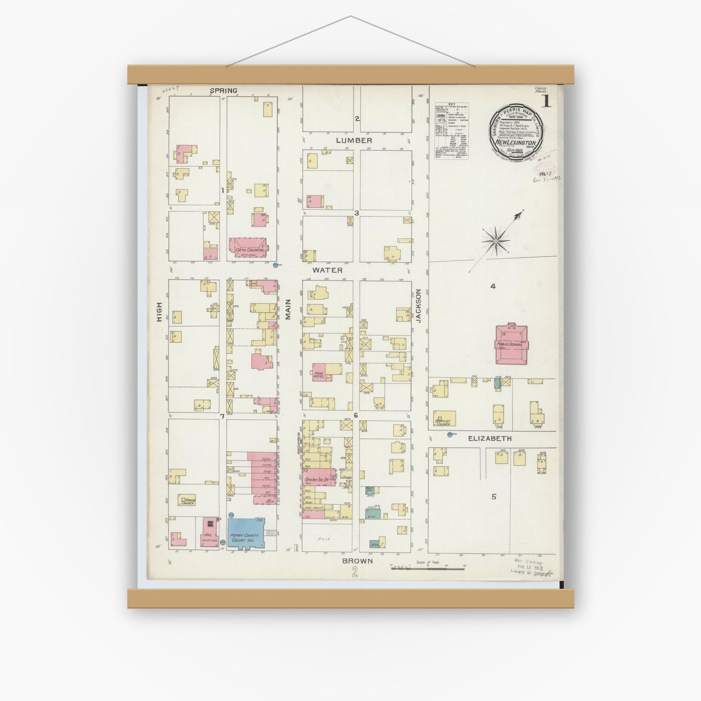 Old map wall art mockup — magnetic wood frame on white wall — Sanborn Fire Insurance Map from New Lexington, Perry County, Ohio (1893), Sheet #0001