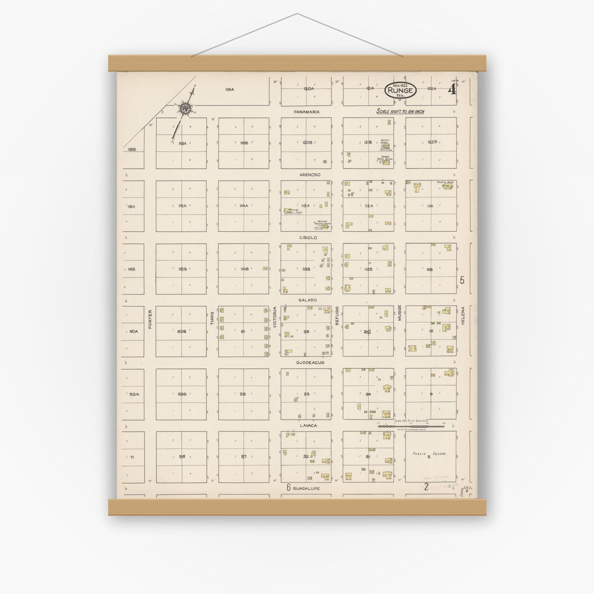 Old map wall art mockup — magnetic wood frame on white wall — Sanborn Fire Insurance Map from Runge, Karnes County, Texas (1922), Sheet #0004