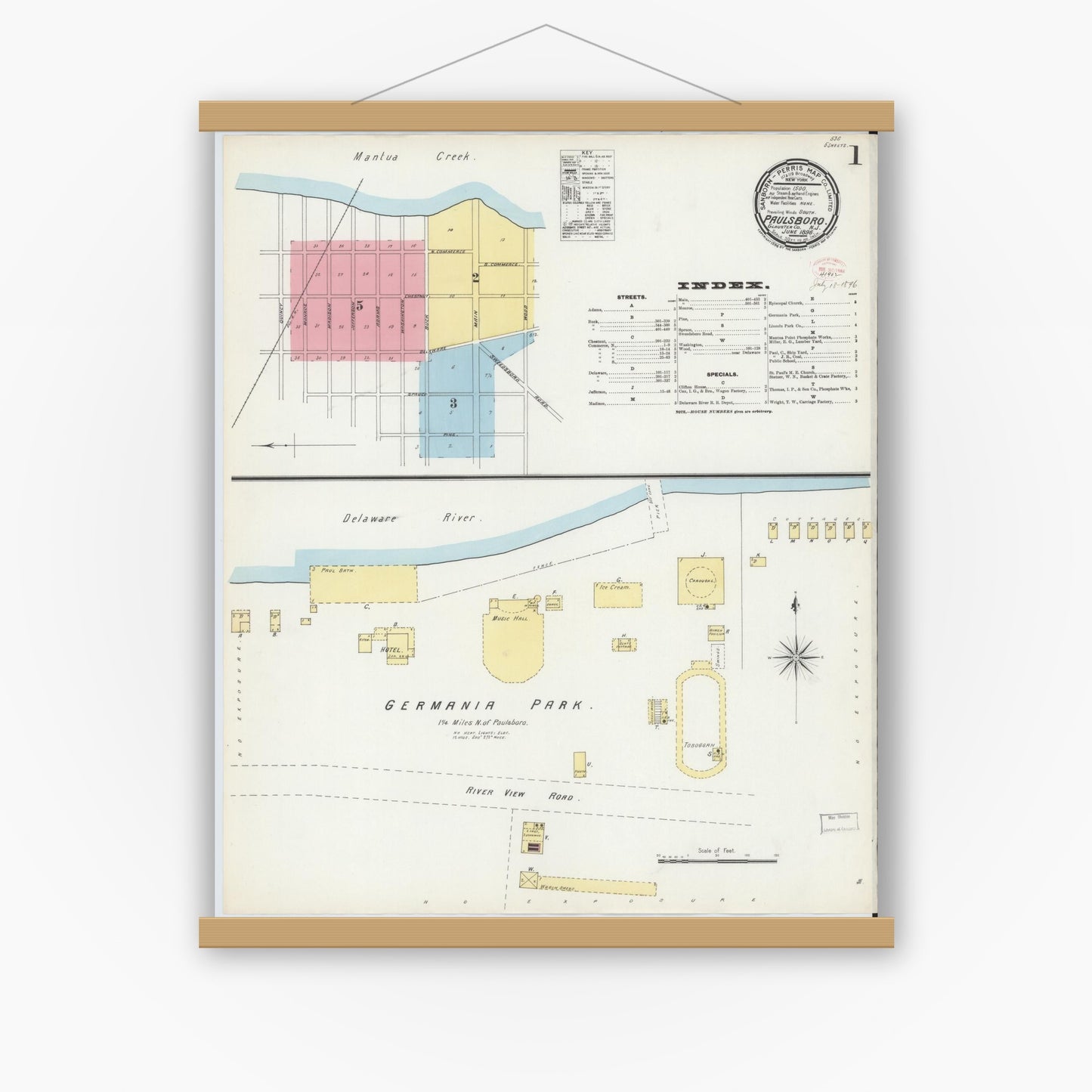 Old map wall art mockup — magnetic wood frame on white wall — Sanborn Fire Insurance Map from Paulsboro, Gloucester County, New Jersey (1896) - Complete Map Set