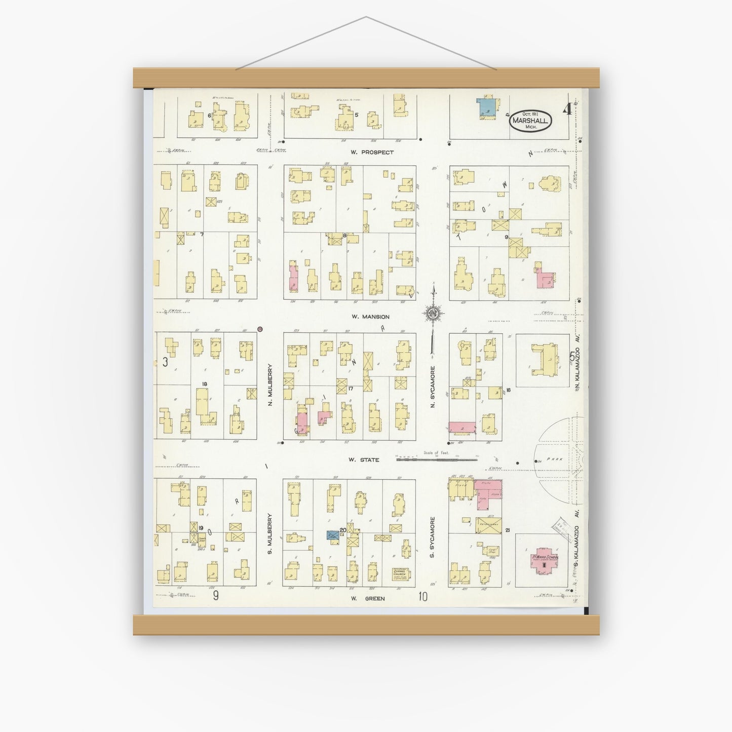 Old map wall art mockup — magnetic wood frame on white wall — Sanborn Fire Insurance Map from Marshall, Calhoun County, Michigan (1911), Sheet #0004