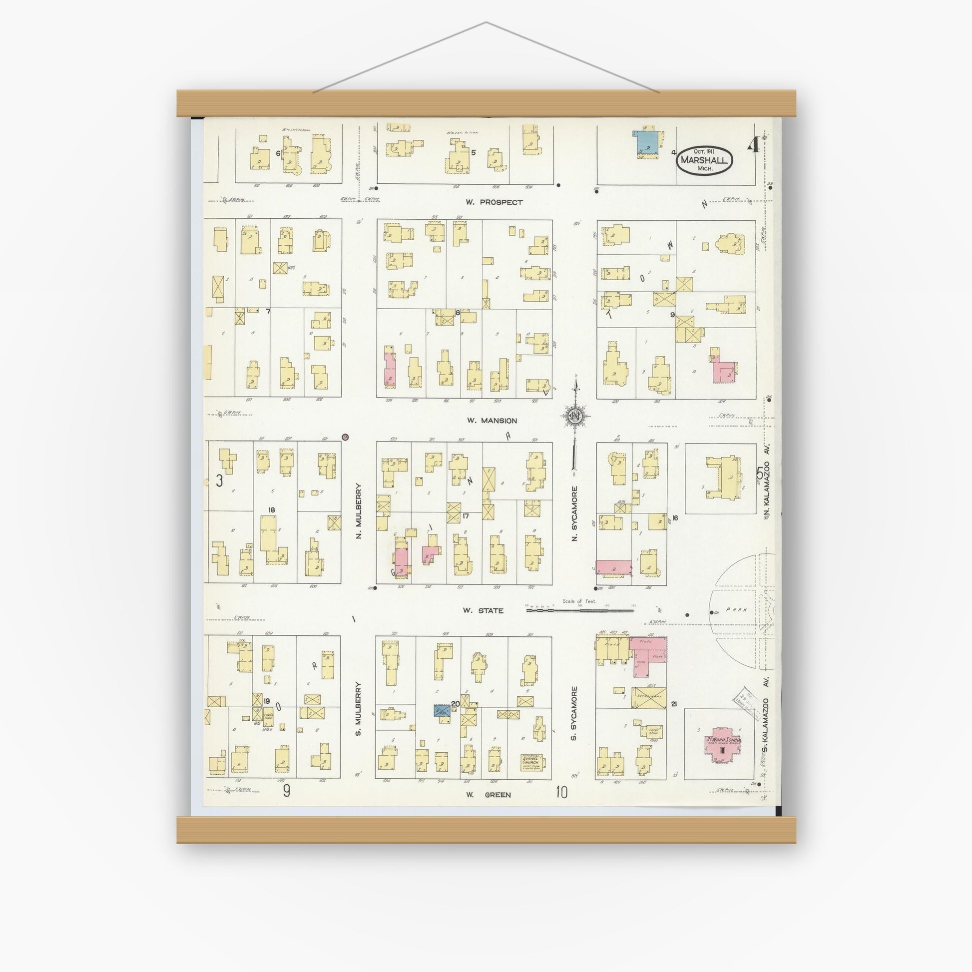 Old map wall art mockup — magnetic wood frame on white wall — Sanborn Fire Insurance Map from Marshall, Calhoun County, Michigan (1911), Sheet #0004