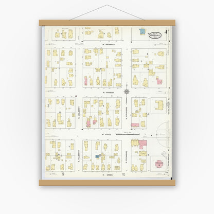 Old map wall art mockup — magnetic wood frame on white wall — Sanborn Fire Insurance Map from Marshall, Calhoun County, Michigan (1911), Sheet #0004
