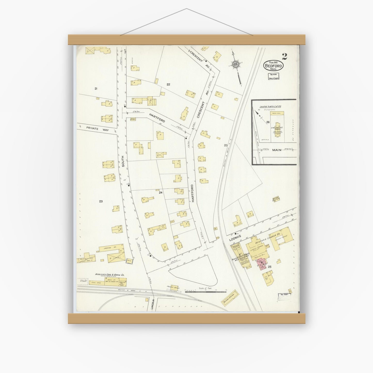 Old map wall art mockup — magnetic wood frame on white wall — Sanborn Fire Insurance Map from Bedford, Middlesex County, Massachusetts (1916), Sheet #0002