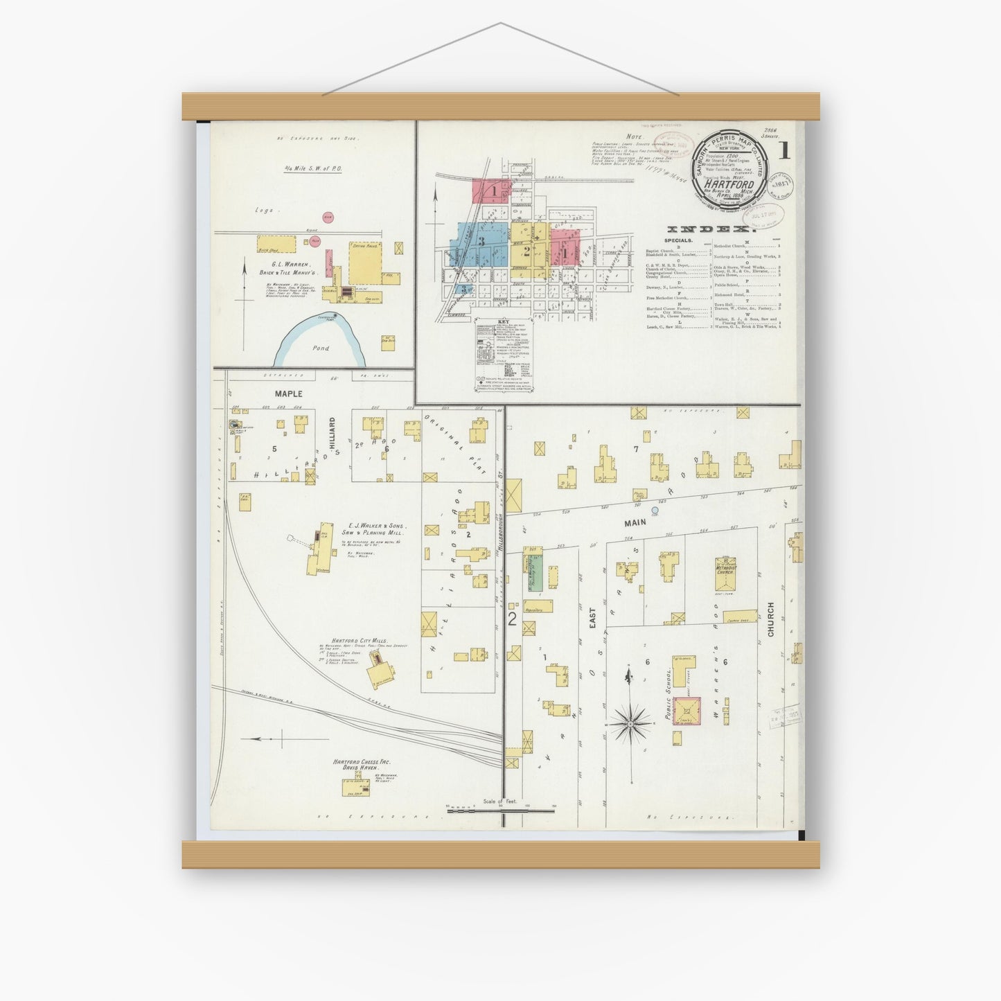Old map wall art mockup — magnetic wood frame on white wall — Sanborn Fire Insurance Map from Hartford, Van Buren County, Michigan (1899) - Complete Map Set