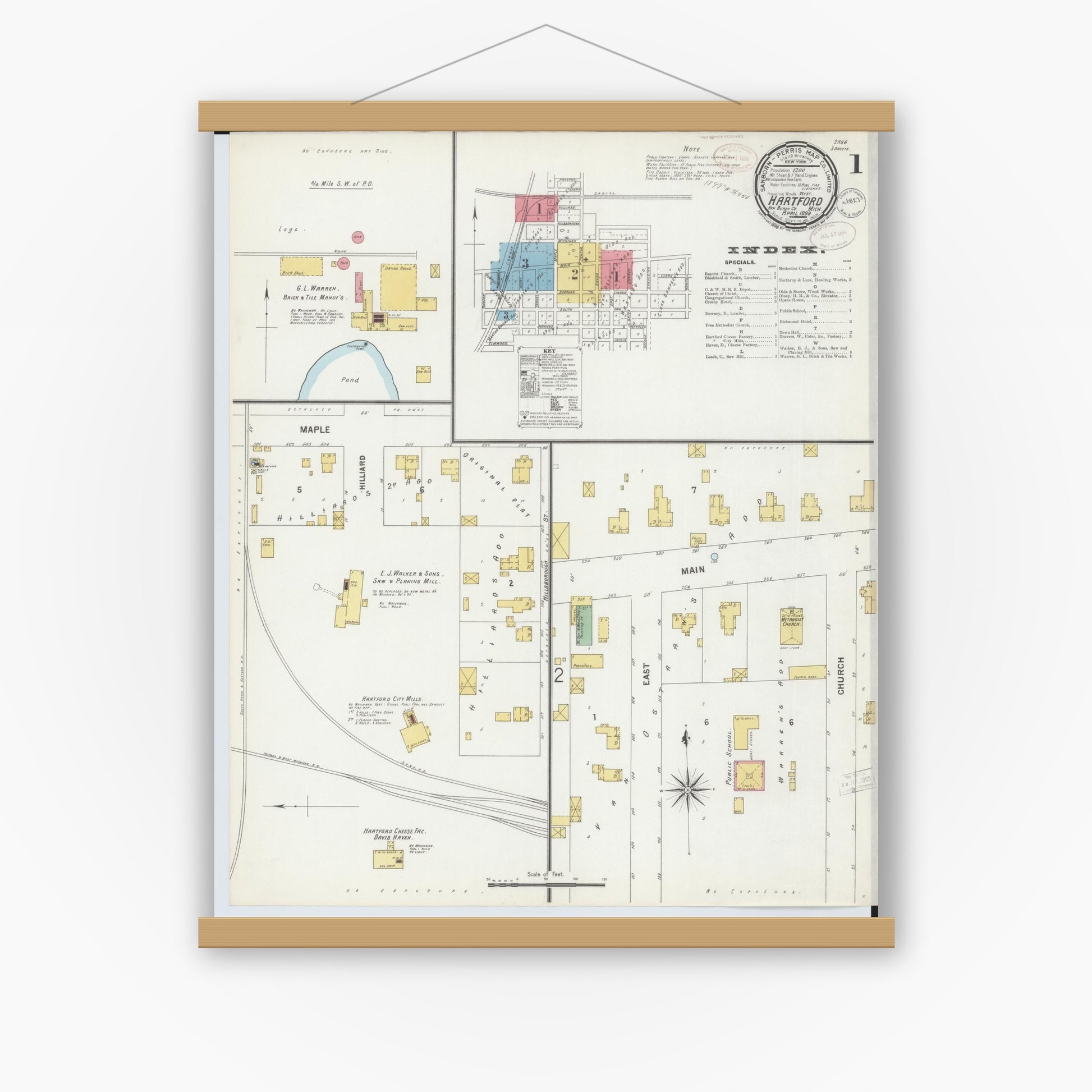 Old map wall art mockup — magnetic wood frame on white wall — Sanborn Fire Insurance Map from Hartford, Van Buren County, Michigan (1899) - Complete Map Set