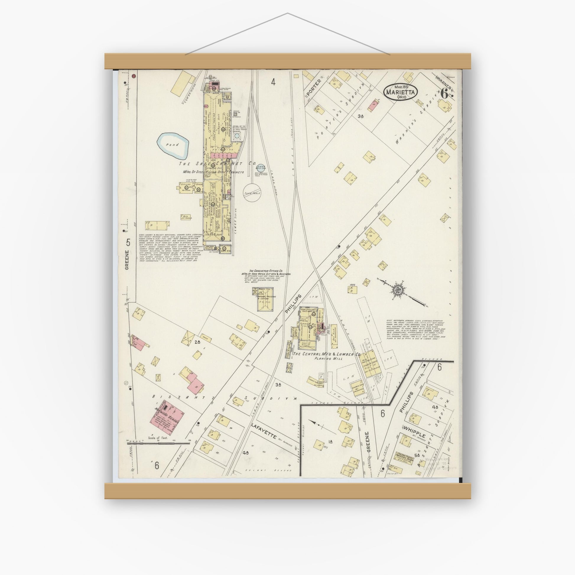Old map wall art mockup — magnetic wood frame on white wall — Sanborn Fire Insurance Map from Marietta, Washington County, Ohio (1915), Sheet #0006