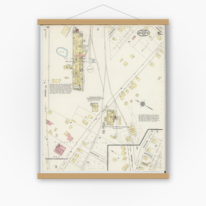 Old map wall art mockup — magnetic wood frame on white wall — Sanborn Fire Insurance Map from Marietta, Washington County, Ohio (1915), Sheet #0006