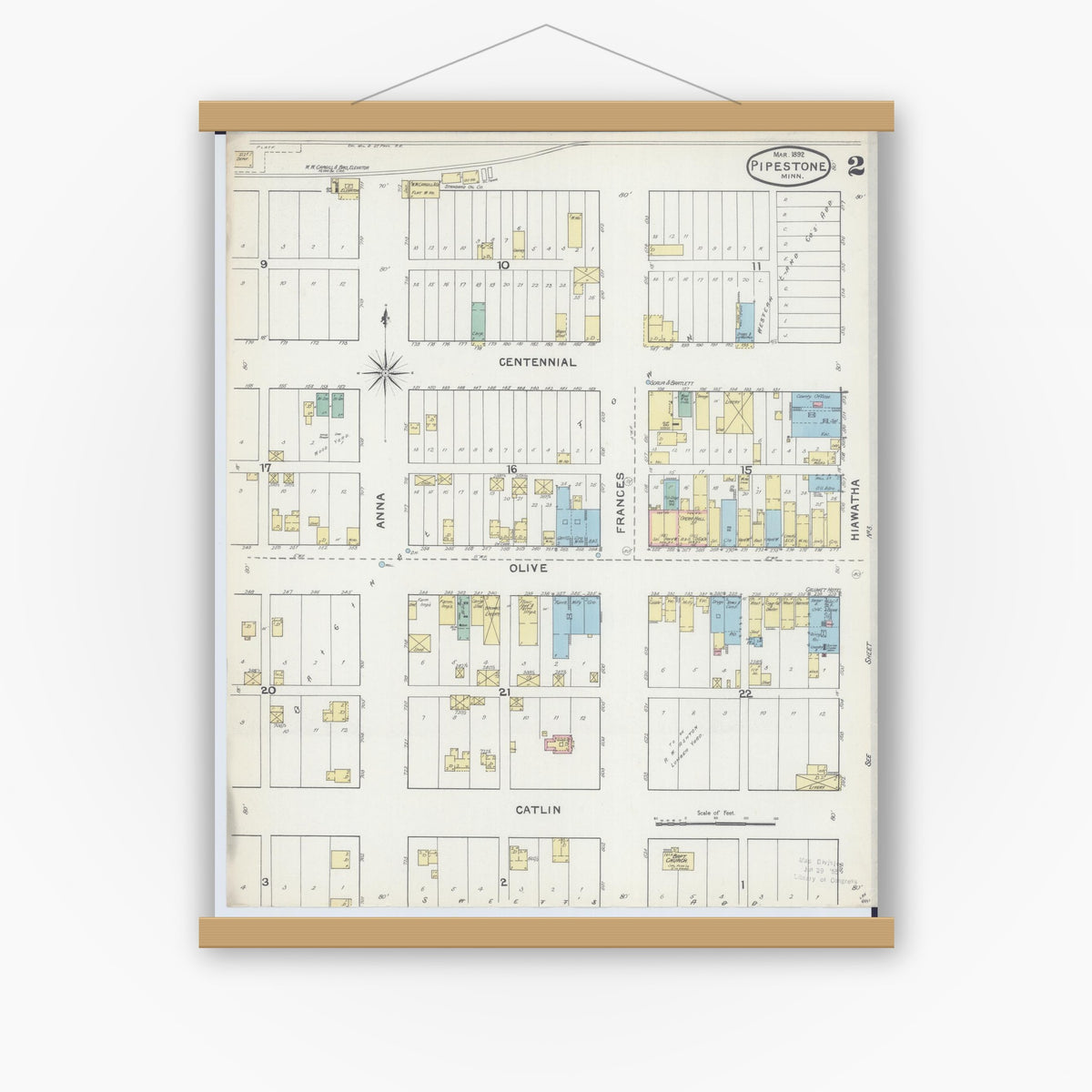 Old map wall art mockup — magnetic wood frame on white wall — Sanborn Fire Insurance Map from Pipestone, Pipestone County, Minnesota (1892), Sheet #0002