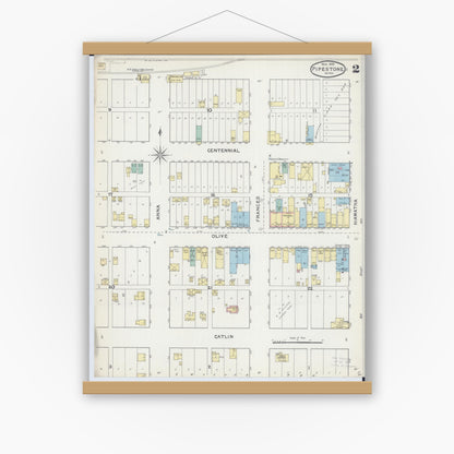 Old map wall art mockup — magnetic wood frame on white wall — Sanborn Fire Insurance Map from Pipestone, Pipestone County, Minnesota (1892), Sheet #0002