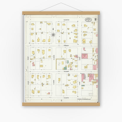 Old map wall art mockup — magnetic wood frame on white wall — Sanborn Fire Insurance Map from Nevada, Vernon County, Missouri (1900), Sheet #0002