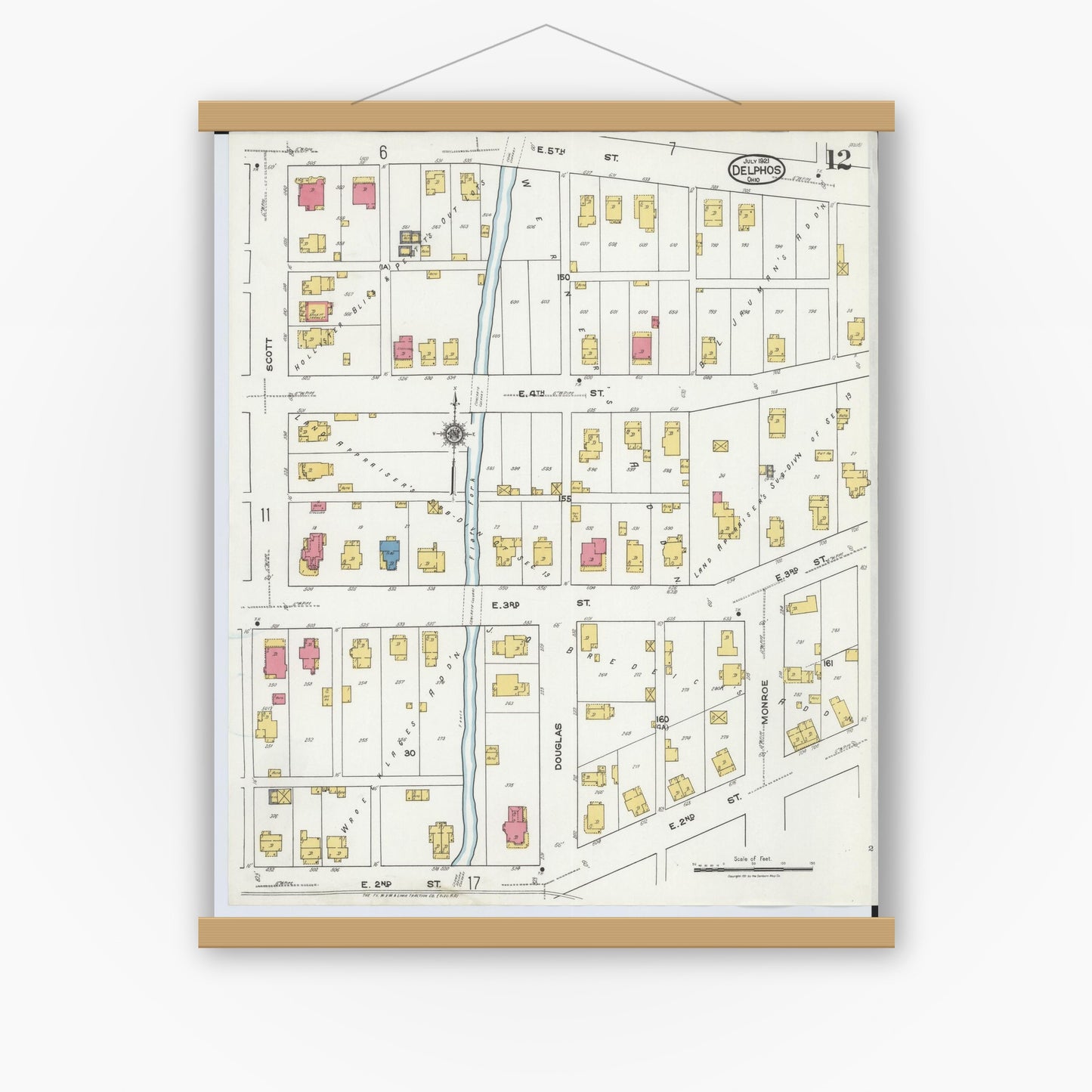 Old map wall art mockup — magnetic wood frame on white wall — Sanborn Fire Insurance Map from Delphos, Van Wert And Allen Counties, Ohio (1921), Sheet #0012