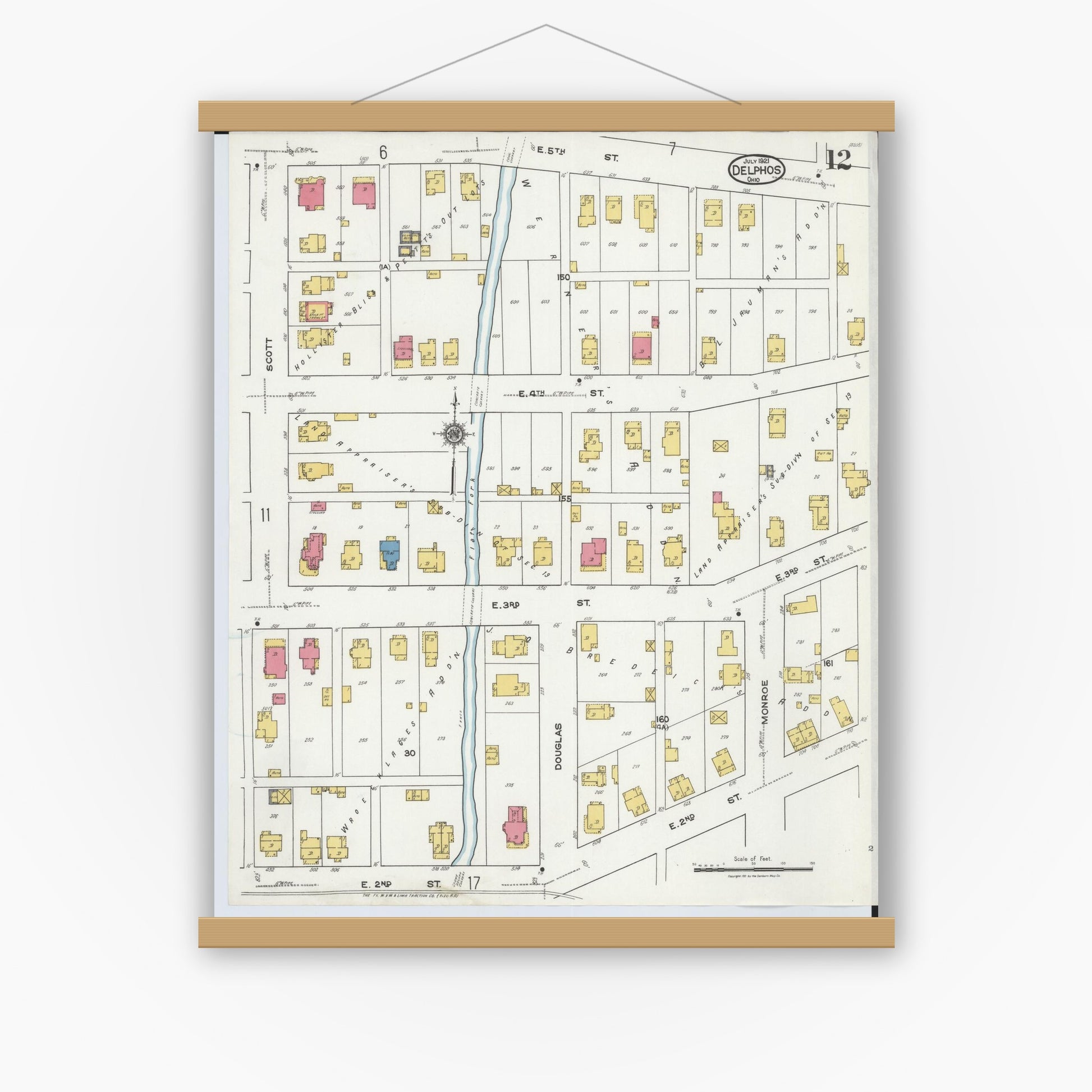 Old map wall art mockup — magnetic wood frame on white wall — Sanborn Fire Insurance Map from Delphos, Van Wert And Allen Counties, Ohio (1921), Sheet #0012