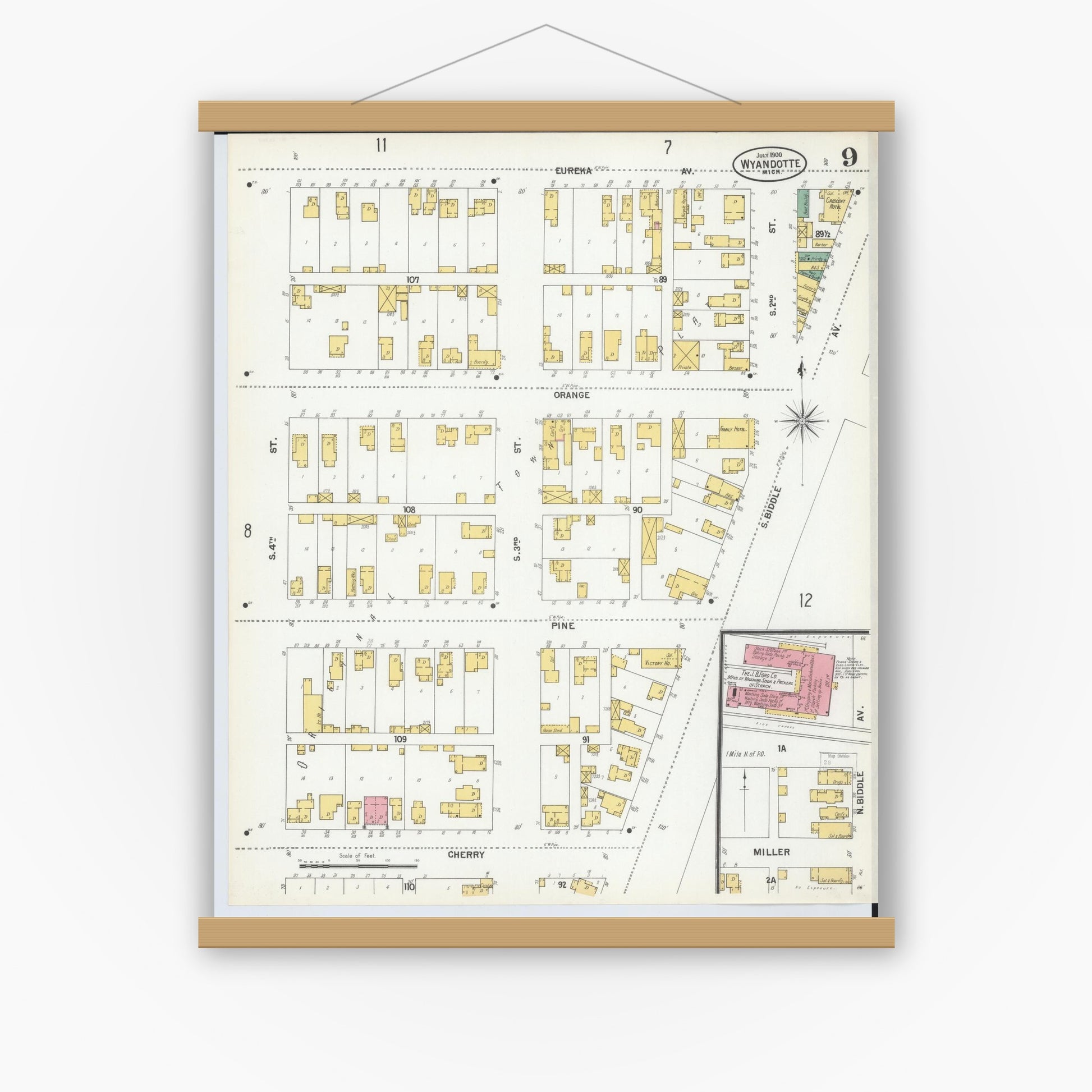 Old map wall art mockup — magnetic wood frame on white wall — Sanborn Fire Insurance Map from Wyandotte, Wayne County, Michigan (1900), Sheet #0009