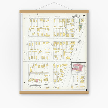 Old map wall art mockup — magnetic wood frame on white wall — Sanborn Fire Insurance Map from Wyandotte, Wayne County, Michigan (1900), Sheet #0009